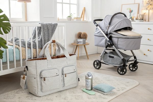 A modern corduroy diaper bag with insulated bottle pockets.