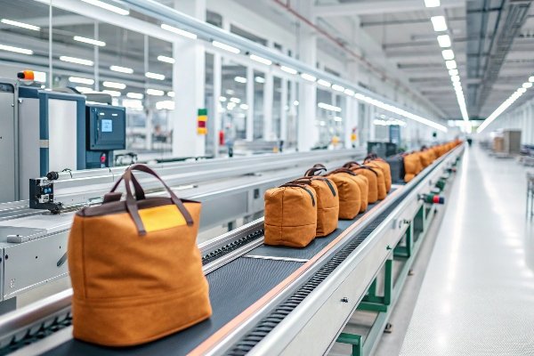 A fast-moving production line manufacturing corduroy bags at scale.