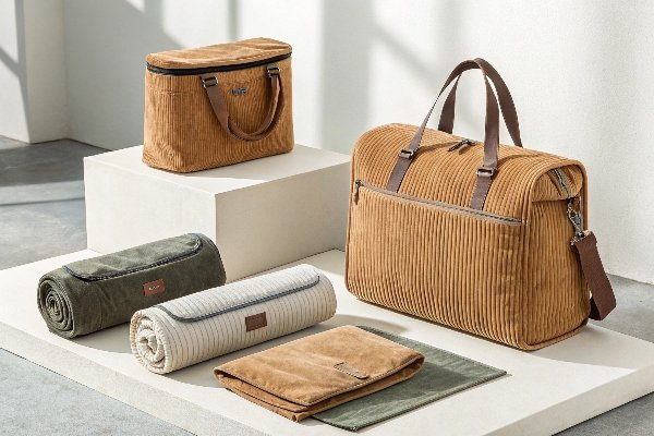 A collection of diverse custom corduroy bags including a makeup pouch, a diaper bag, and a lunch tote.