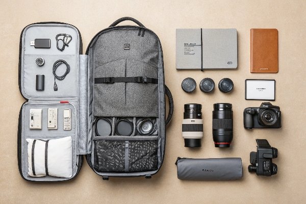 A travel bag with several modular, removable inserts for a camera, lenses, and cables laid out next to it.
