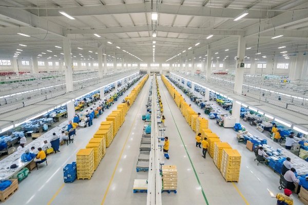 A panoramic view of the WispBag Henan factory floor with hundreds of workers.