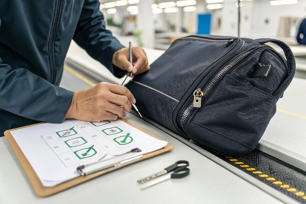 A quality control inspector at a factory meticulously checking the security features of an anti-theft bag with a checklist.