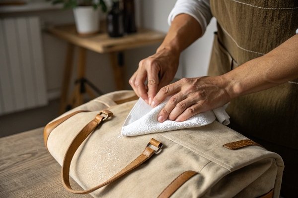 A person gently spot cleaning a light-colored corduroy bag with a soft cloth.