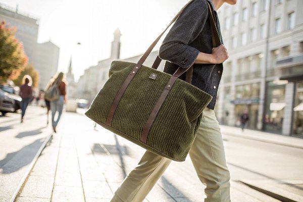 A trendy corduroy tote bag displayed in a lifestyle setting