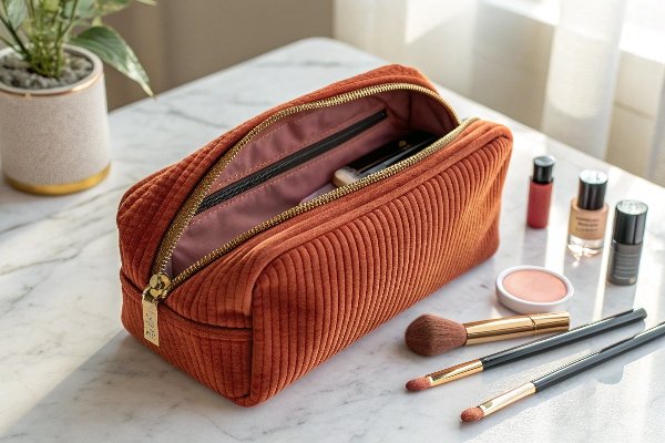 A vibrant corduroy makeup bag with a waterproof interior lining.