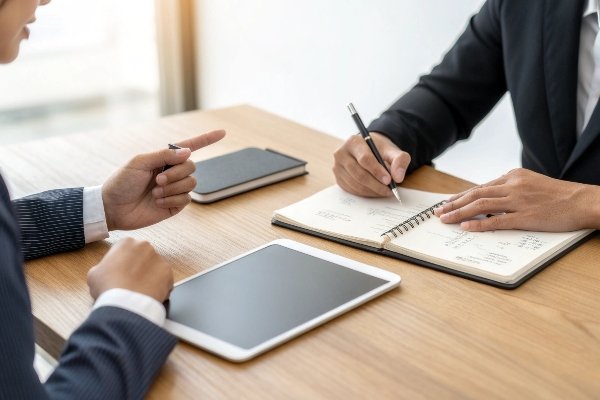 A person in a business meeting asking questions to a supplier, with a checklist on the table.
