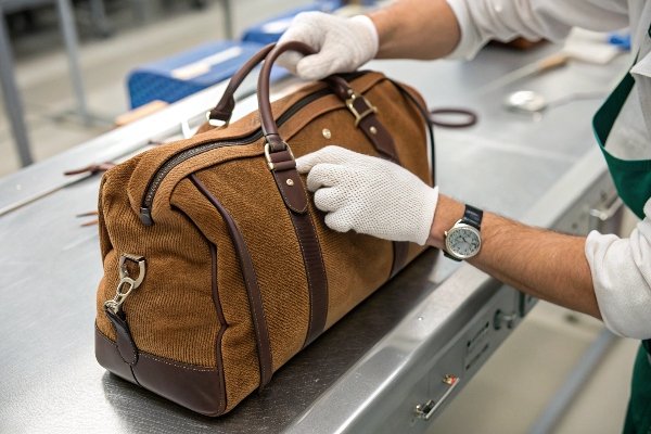 A quality control inspector carefully examining a finished corduroy bag on an inspection table.