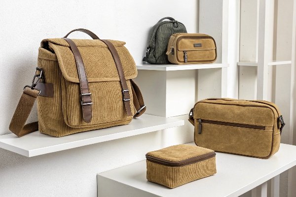 An assortment of different corduroy bag styles like a messenger bag, belt bag, and makeup bag.
