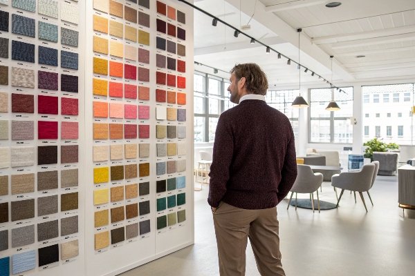 A designer looking at a large wall of custom corduroy fabric swatches in various colors and textures.
