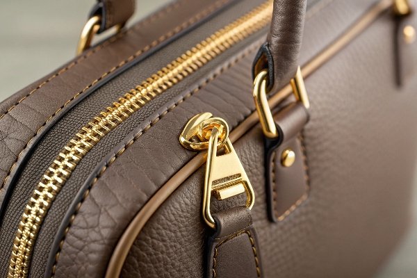 Close-up shot of the high-quality stitching, metal hardware, and premium-textured material on a private label bag.