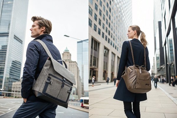 A split image showing a man with a functional backpack and a woman with a stylish, organized tote bag.
