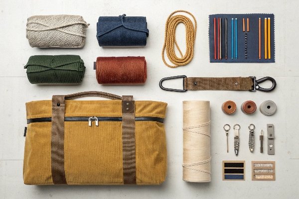 A collage of raw materials like corduroy fabric rolls, zippers, and hardware