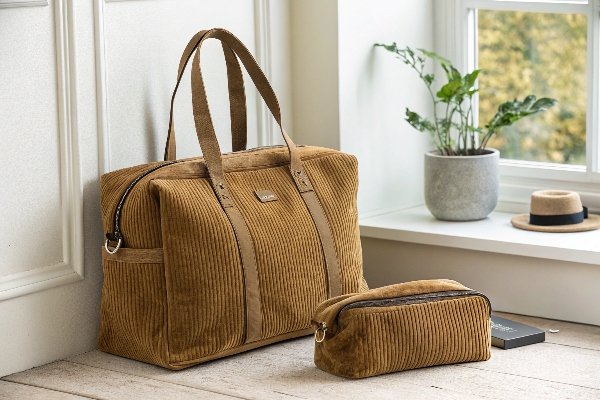 A matching set of a corduroy tote bag and a smaller corduroy toiletry bag sitting side-by-side.
