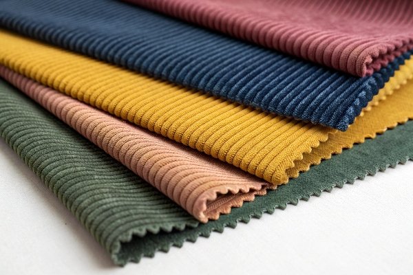 Close-up shot of different corduroy fabric textures and colors