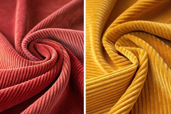 A close-up comparison of different textures and qualities of corduroy fabric.