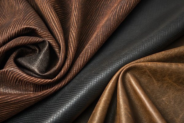 A close-up shot showing the texture of different masculine materials: waxed canvas, ballistic nylon, and dark leather.