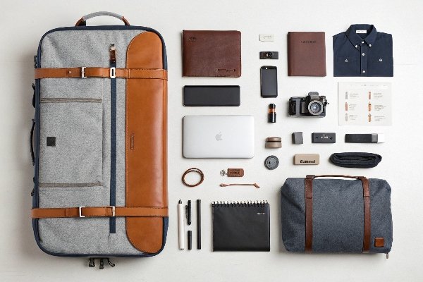 An exploded view diagram of a modern daily bag, showing its different layers, compartments, and materials.