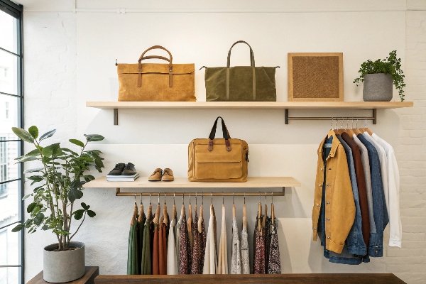 A stylish display of various bestselling corduroy bags in a modern retail setting.