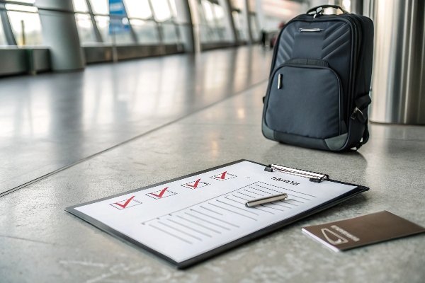 A checklist on a clipboard with a well-made travel bag in the background.