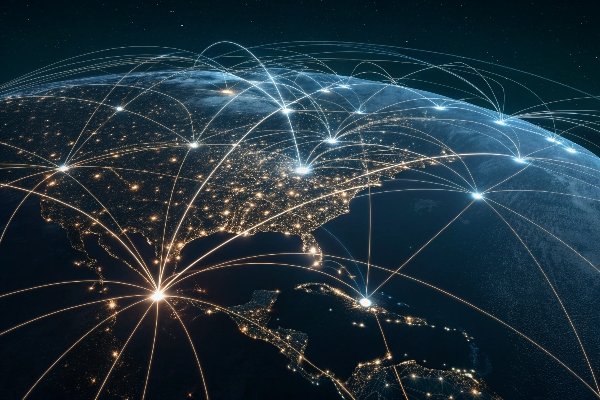 A diagram illustrating a global sourcing network, with materials flowing from various countries to a central manufacturing hub.