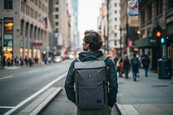 A traveler looking confident and relaxed in a busy city, knowing their belongings are secure in their anti-theft backpack.