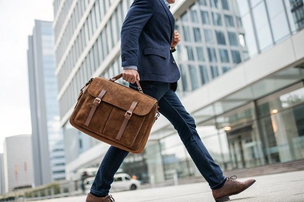 A professional carrying a stylish brown corduroy messenger bag.