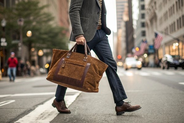 A durable corduroy bag being used in a real-world scenario, showcasing its functionality and strength.
