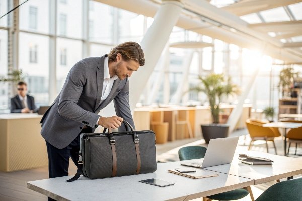 A stylish multi-functional "work-life" bag being used by a professional in a modern, hybrid work setting.