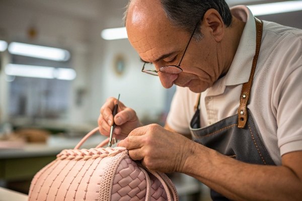 A close-up shot of a skilled artisan meticulously crafting the soft gathers of a cloud bag.