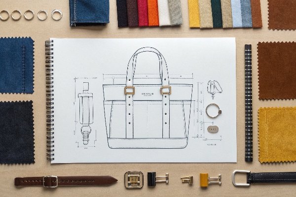 A designer's desk showing a blueprint sketch of a corduroy bag next to fabric swatches and hardware samples.