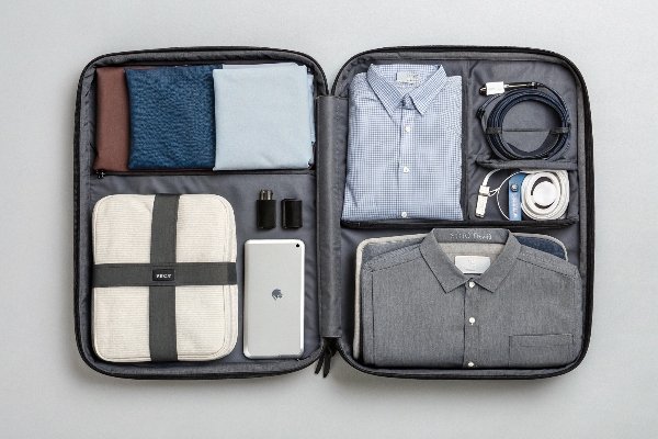 A perfectly organized travel bag with clothes neatly packed in cubes, electronics in dedicated pockets, and toiletries in a separate compartment.
