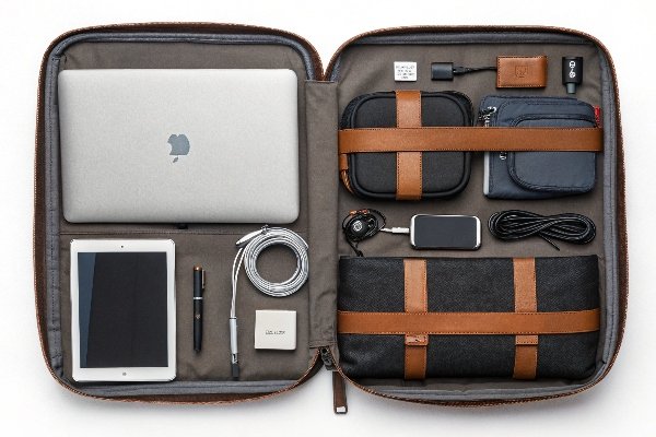 The interior of a man's briefcase, showing organized compartments for a laptop, tablet, phone, and chargers.