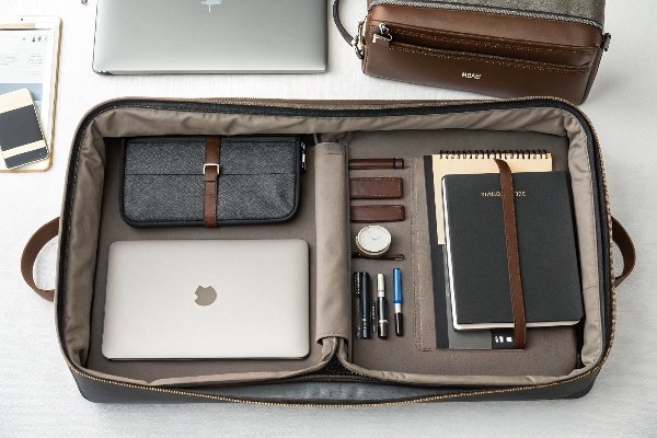 A sleek, professional daily bag with organized compartments for a laptop, tablet, documents, and personal items.