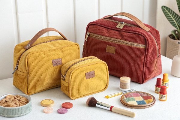 A stylish flat lay of corduroy makeup, diaper, and lunch bags, showcasing their texture and colors.