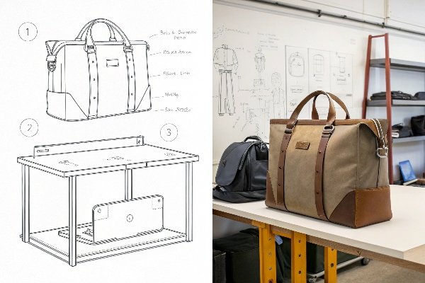 A timeline graphic showing the manufacturing process from initial sketch to finished product on a retail shelf.