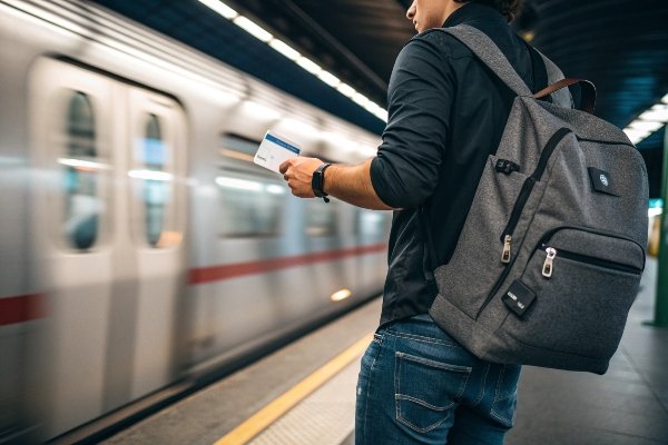 A commuter easily accessing a metro card from a smart pocket on their daily bag while on the move.