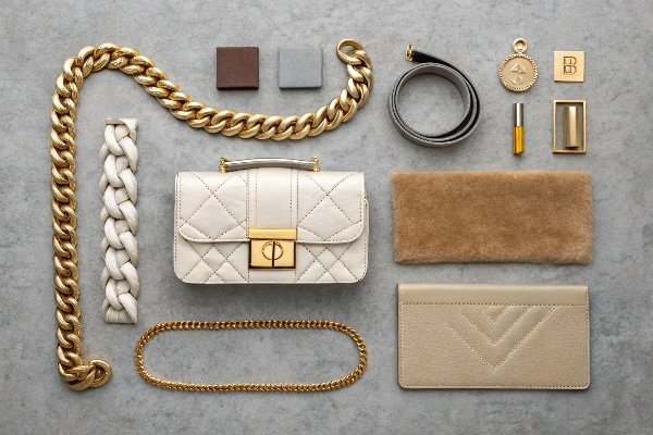A curated selection of high-fashion hardware (chains, clasps, logos) and trendy fabric swatches.