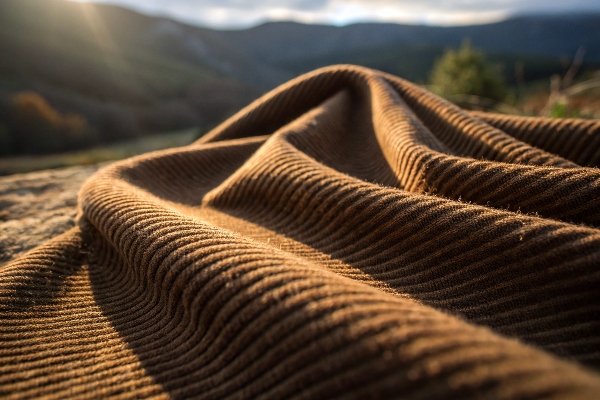 A detailed macro shot showing the 'wales' or ribs of a corduroy fabric.