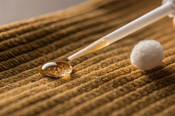 A close-up shot of a hand using a Q-tip to apply a cleaning solution to a small stain on a bag.