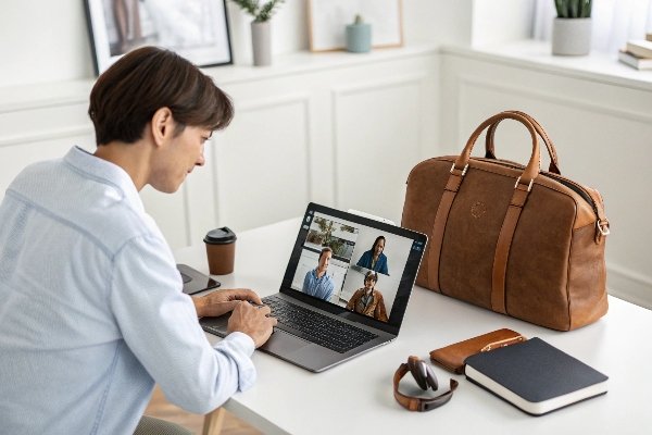 An e-commerce brand owner on a video call with a manufacturer, discussing a corduroy bag sample.