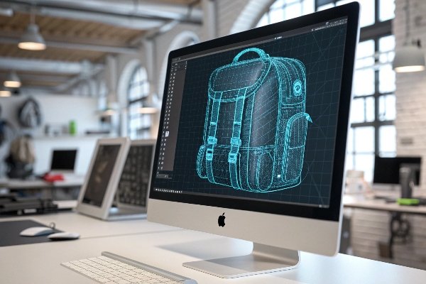 A 3D CAD model of a travel bag's interior, showing the layout of smart compartments and pockets.