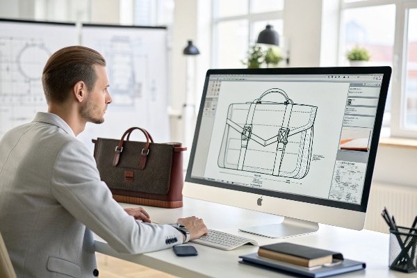 An engineer working on a CAD design for a corduroy bag on a computer screen.