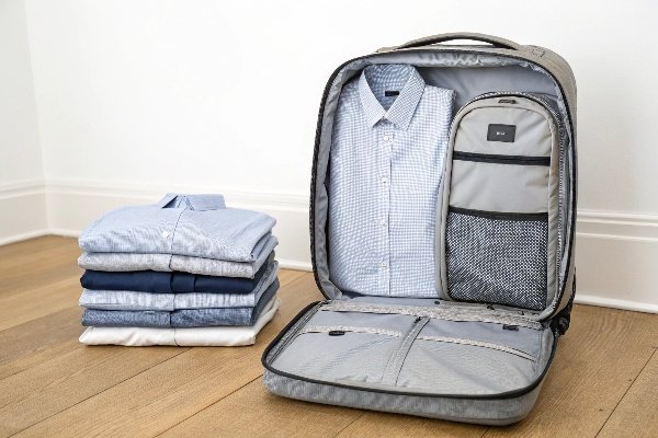 An open travel bag with a clamshell design, showing one side packed with clothes under a compression strap system.
