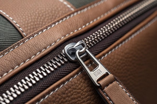 A close-up shot of a well-crafted corduroy bag interior, highlighting a smooth metal zipper, reinforced pocket seam, and quality lining.