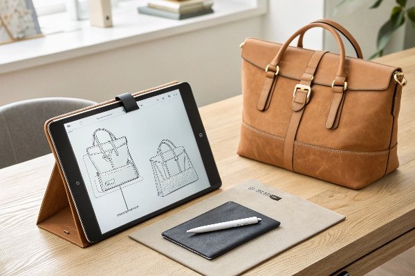 A designer's sketch on a tablet next to a perfectly executed physical prototype of the same fashion bag.