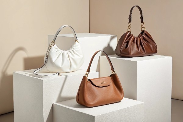 A stylish collage of 2025's predicted hottest bag silhouettes, including cloud bags, hobo bags, and saddle bags.