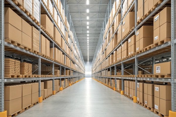 A warehouse aisle filled with boxes of wholesale fashion bags ready for shipment.