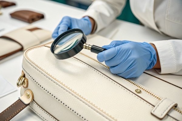 A quality control inspector carefully examining the stitching on a fashion bag at a manufacturing facility.